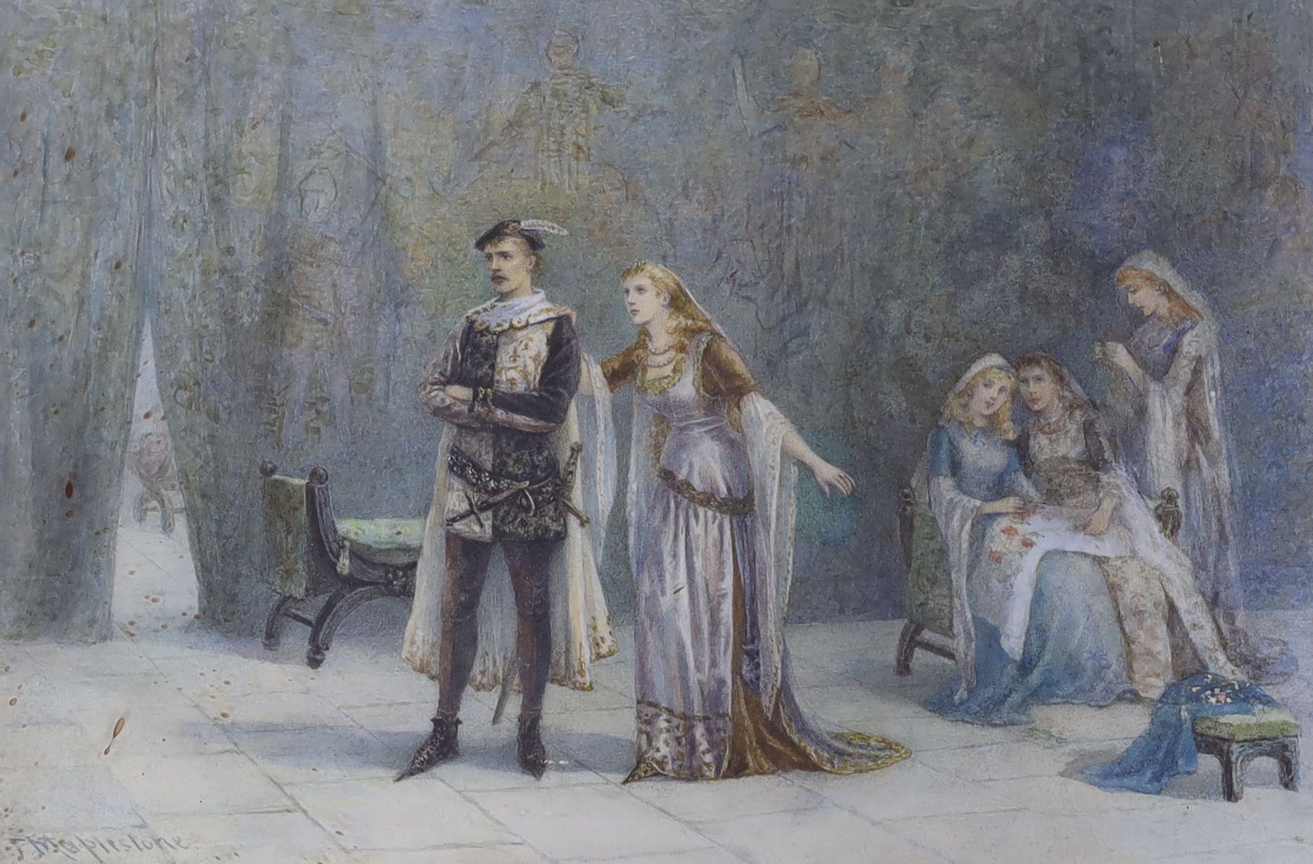 Florence Elizabeth Maplestone (act.1868-1888), watercolour, Queen Anne entreating Richard II to attempt the rescue of his old tutor, Sir Simon De Burly, signed, 24 x 36cm